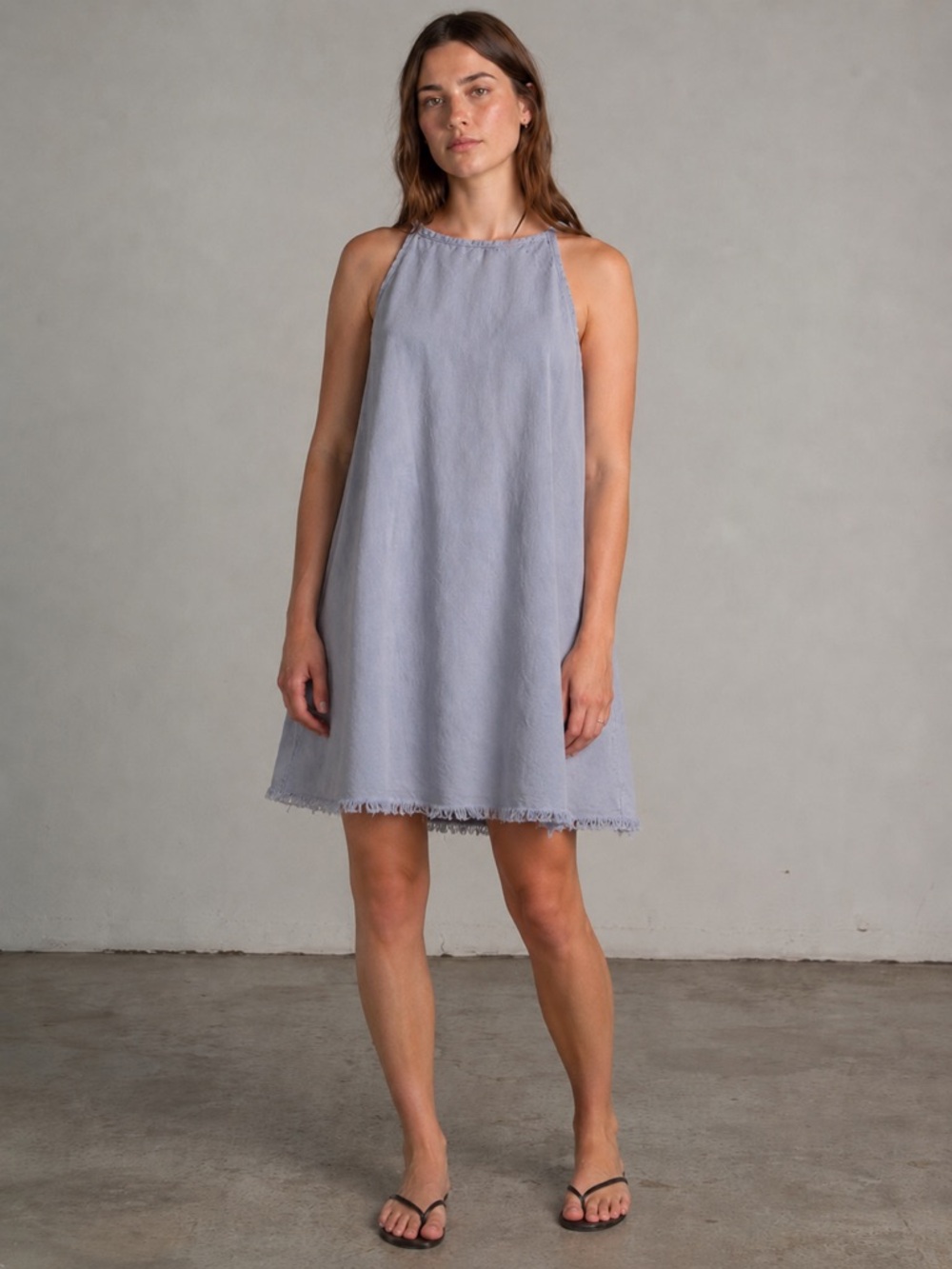 Cloth & Stone Gray Tencel Sleeveless Shift Dress Fringe Hem Tie Back Size S